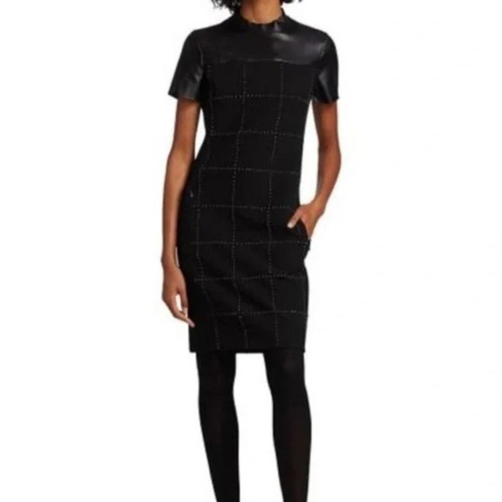 Akris Punto Mock Neck Knee Length Dress Black 12 Studded Faux Leather Pockets